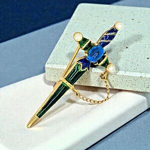 Crown Trifari Sword Brooch Vtg Rare Chatelain Enamel Pearl Dagger Lapel Pin 60's